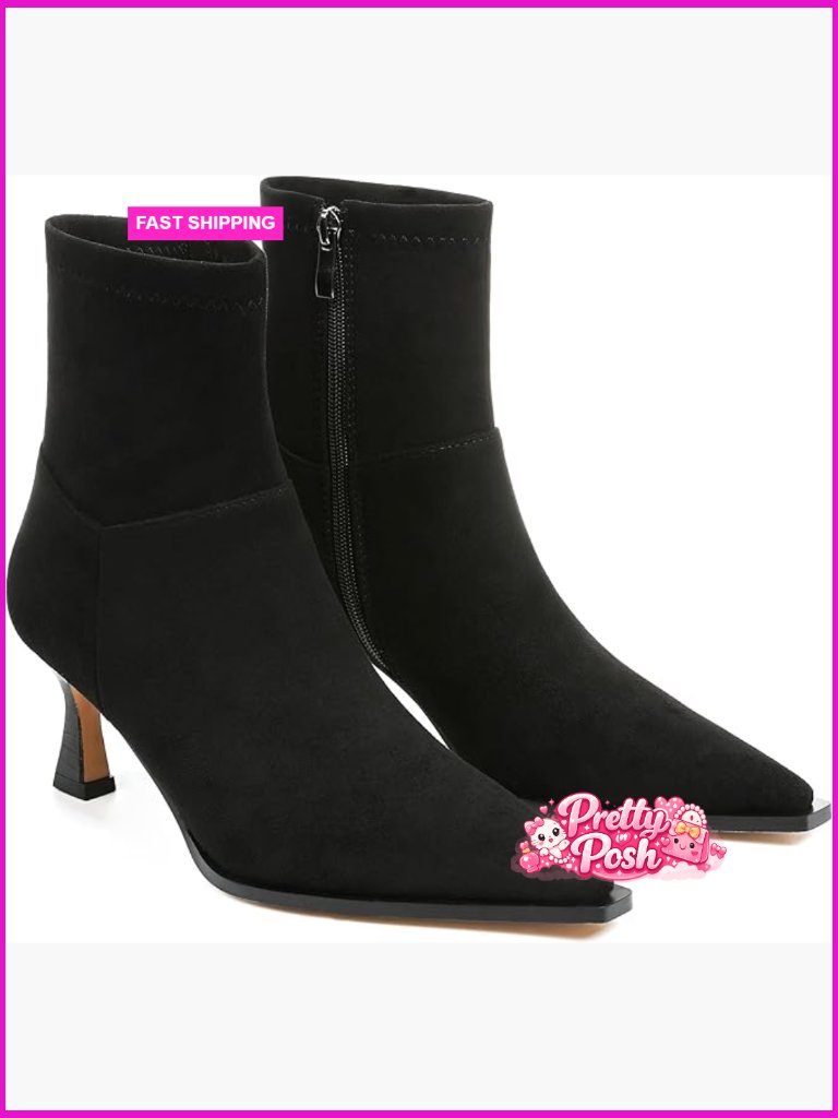 Stiletto Kitten Heel Ankle Boots, Pointed Toe, Side Zip, Synthetic, Elastic